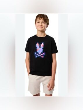 Psycho Bunny Black Graphic Tee Bunny Skull Crossbones Youth XL Preppy Streetwear
